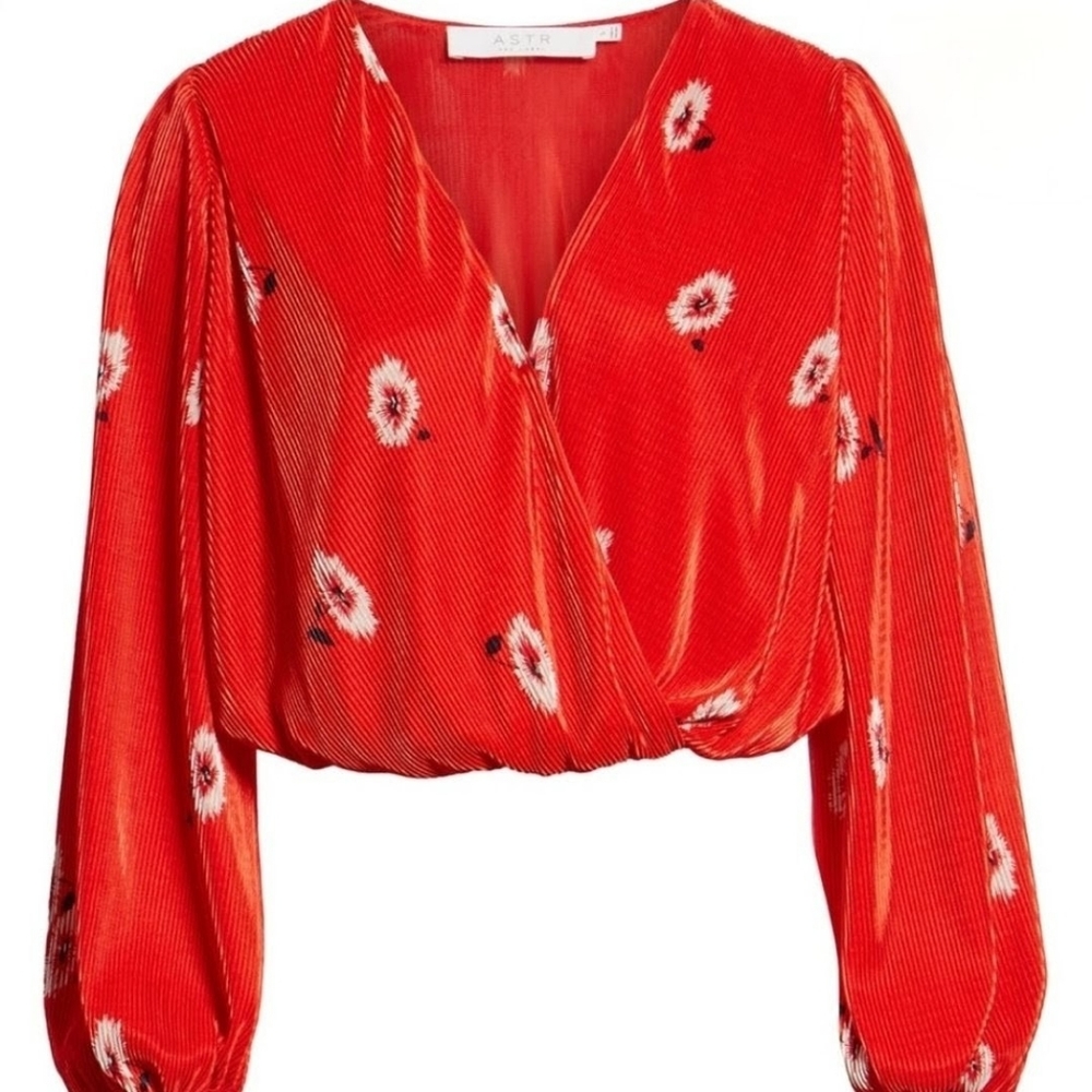 Astr Red Floral Velvet Surplice Blouse - Picture 2 of 8